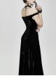 Flat Shoulder Front Chest Decals Lace-Up Splice Tassels Chiffon Black Gothic Velvet Long Dress