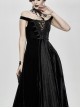 Flat Shoulder Front Chest Decals Lace-Up Splice Tassels Chiffon Black Gothic Velvet Long Dress
