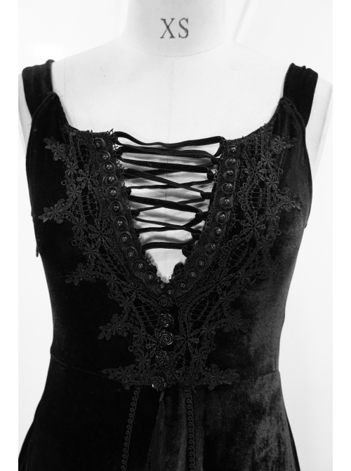 Flat Shoulder Front Chest Decals Lace-Up Splice Tassels Chiffon Black Gothic Velvet Long Dress