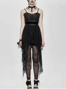 Black Gothic Front Chest Decals Lace Hem Jacquard Sling Dress