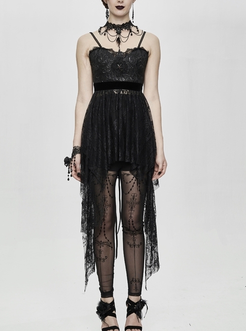 Black Gothic Front Chest Decals Lace Hem Jacquard Sling Dress