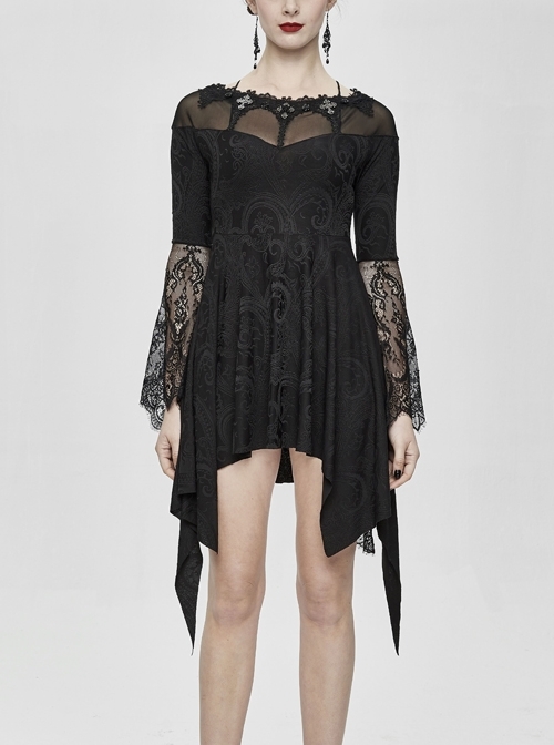 Off-Shoulder Collar Cross Decoration Flare Sleeve Black Gothic Tassels Knit Dress