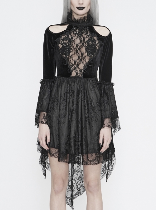 High Collar Off-Shoulder Front Chest Embroidery Beaded Flare Sleeve Black Gothic Lace Dress