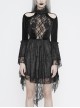 High Collar Off-Shoulder Front Chest Embroidery Beaded Flare Sleeve Black Gothic Lace Dress