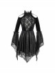 High Collar Off-Shoulder Front Chest Embroidery Beaded Flare Sleeve Black Gothic Lace Dress