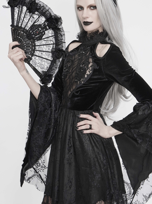 High Collar Off-Shoulder Front Chest Embroidery Beaded Flare Sleeve Black Gothic Lace Dress