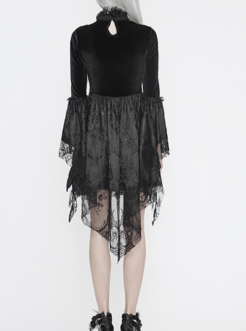 High Collar Off-Shoulder Front Chest Embroidery Beaded Flare Sleeve Black  Gothic Lace Dress - Magic Wardrobes