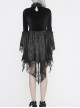 High Collar Off-Shoulder Front Chest Embroidery Beaded Flare Sleeve Black Gothic Lace Dress