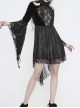 High Collar Off-Shoulder Front Chest Embroidery Beaded Flare Sleeve Black Gothic Lace Dress