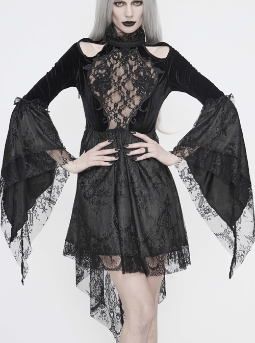 High Collar Off-Shoulder Front Chest Embroidery Beaded Flare Sleeve Black Gothic Lace Dress