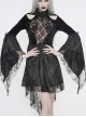 High Collar Off-Shoulder Front Chest Embroidery Beaded Flare Sleeve Black Gothic Lace Dress