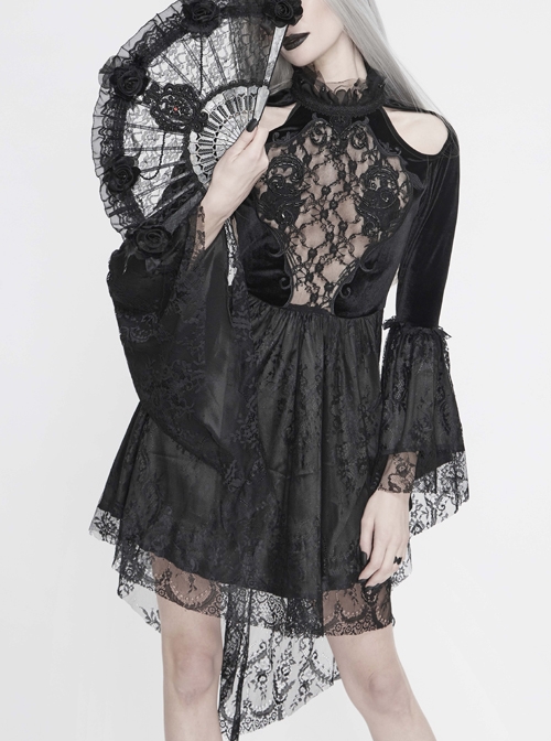 High Collar Off-Shoulder Front Chest Embroidery Beaded Flare Sleeve Black Gothic Lace Dress
