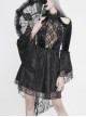High Collar Off-Shoulder Front Chest Embroidery Beaded Flare Sleeve Black Gothic Lace Dress