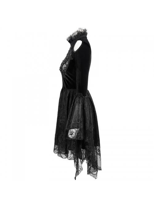 High Collar Off-Shoulder Front Chest Embroidery Beaded Flare Sleeve Black Gothic Lace Dress
