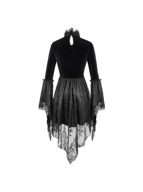 High Collar Off-Shoulder Front Chest Embroidery Beaded Flare Sleeve Black Gothic Lace Dress