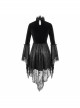 High Collar Off-Shoulder Front Chest Embroidery Beaded Flare Sleeve Black Gothic Lace Dress