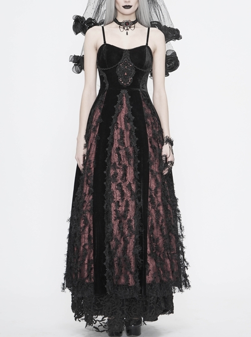 Wine Red Gothic Front Chest Decals Dense Velvet Long Sling Dress