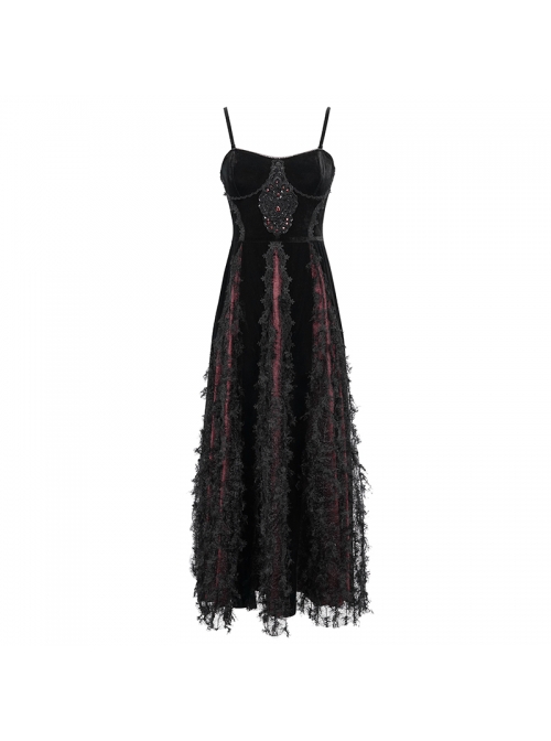 Wine Red Gothic Front Chest Decals Dense Velvet Long Sling Dress
