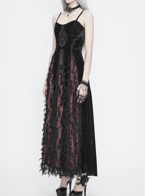 Wine Red Gothic Front Chest Decals Dense Velvet Long Sling Dress