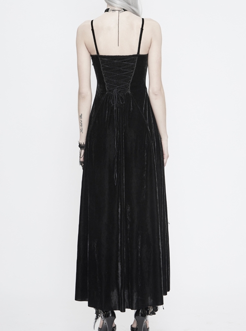 Wine Red Gothic Front Chest Decals Dense Velvet Long Sling Dress