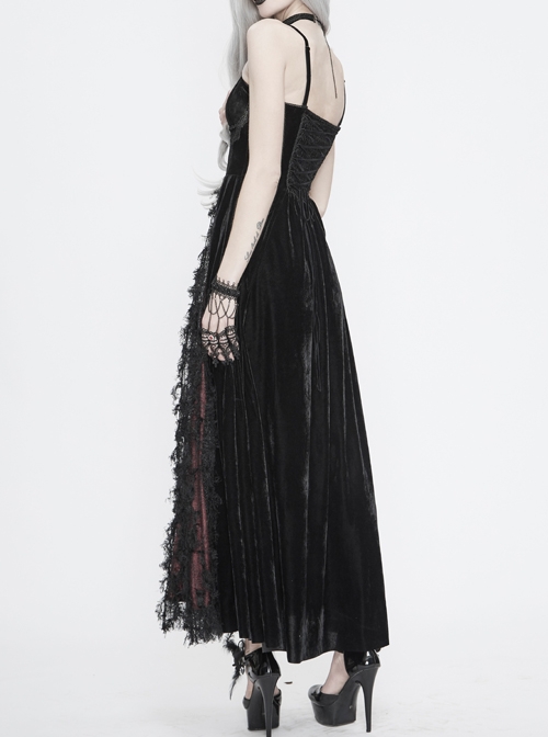 Wine Red Gothic Front Chest Decals Dense Velvet Long Sling Dress