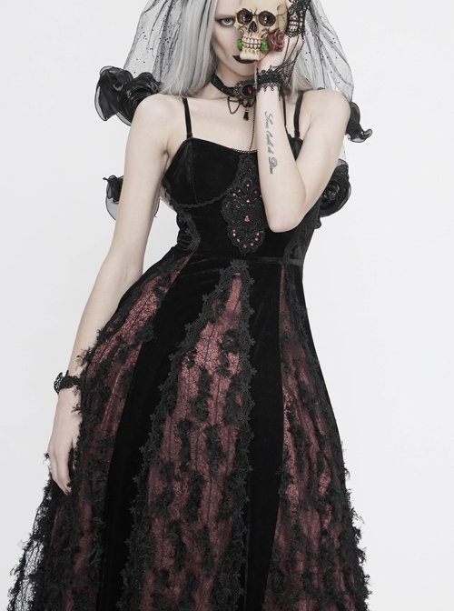 Wine Red Gothic Front Chest Decals Dense Velvet Long Sling Dress