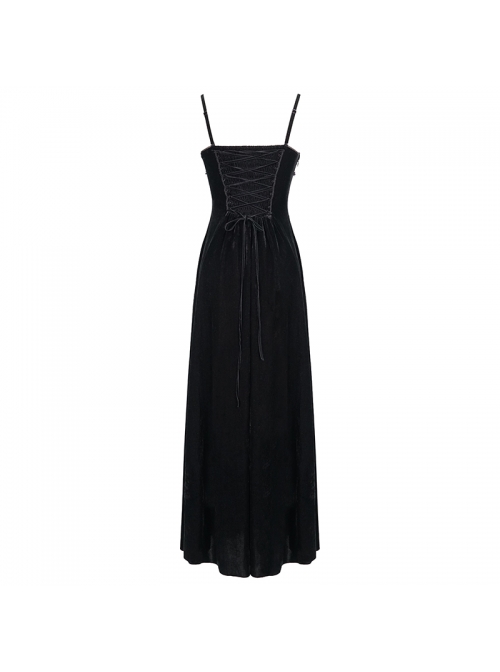 Wine Red Gothic Front Chest Decals Dense Velvet Long Sling Dress