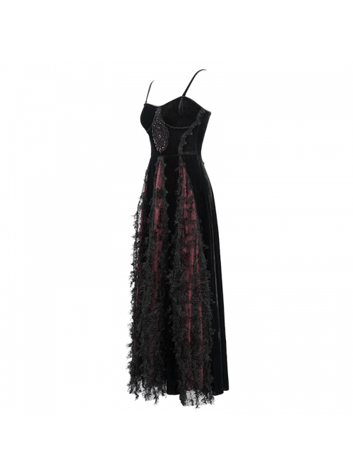 Wine Red Gothic Front Chest Decals Dense Velvet Long Sling Dress