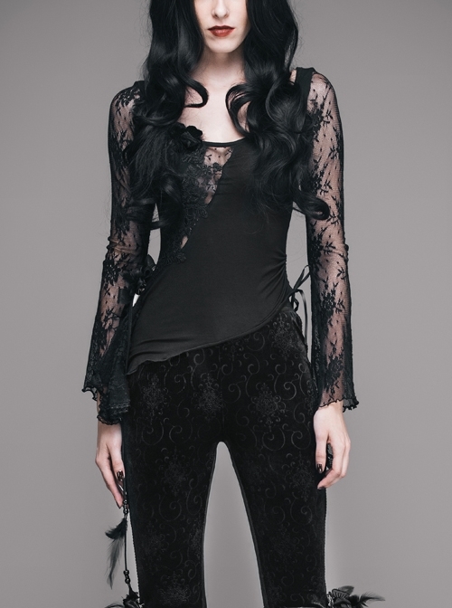 Front Chest Rose Decoration Flare Sleeve Irregular Lace Hem Black Gothic Knit T-Shirt