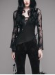 Front Chest Rose Decoration Flare Sleeve Irregular Lace Hem Black Gothic Knit T-Shirt