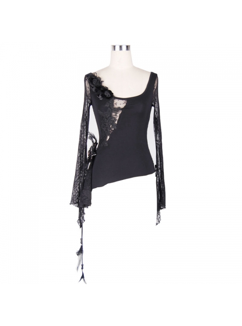 Front Chest Rose Decoration Flare Sleeve Irregular Lace Hem Black Gothic Knit T-Shirt