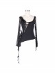 Front Chest Rose Decoration Flare Sleeve Irregular Lace Hem Black Gothic Knit T-Shirt