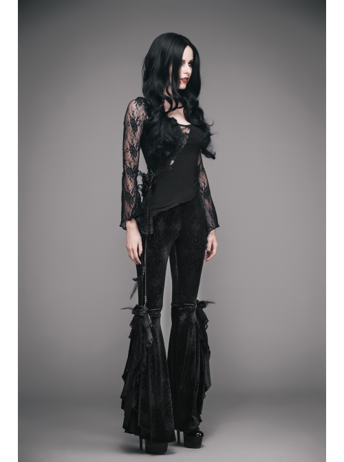 Front Chest Rose Decoration Flare Sleeve Irregular Lace Hem Black Gothic Knit T-Shirt