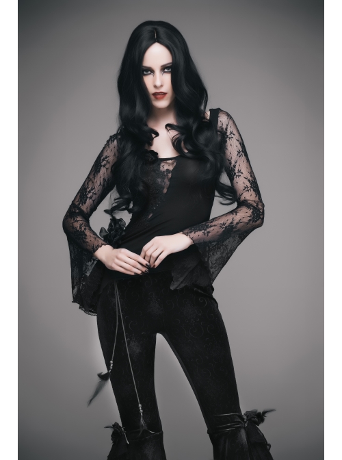 Front Chest Rose Decoration Flare Sleeve Irregular Lace Hem Black Gothic Knit T-Shirt