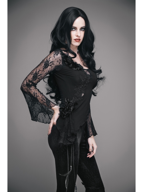Front Chest Rose Decoration Flare Sleeve Irregular Lace Hem Black Gothic Knit T-Shirt