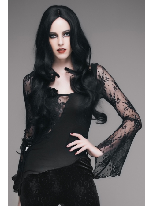 Front Chest Rose Decoration Flare Sleeve Irregular Lace Hem Black Gothic Knit T-Shirt
