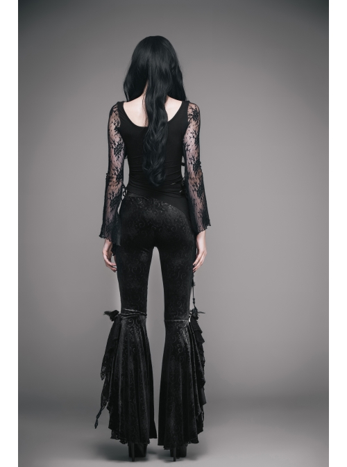 Front Chest Rose Decoration Flare Sleeve Irregular Lace Hem Black Gothic Knit T-Shirt