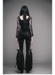 Front Chest Rose Decoration Flare Sleeve Irregular Lace Hem Black Gothic Knit T-Shirt