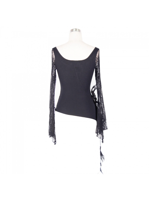 Front Chest Rose Decoration Flare Sleeve Irregular Lace Hem Black Gothic Knit T-Shirt