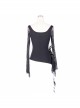 Front Chest Rose Decoration Flare Sleeve Irregular Lace Hem Black Gothic Knit T-Shirt