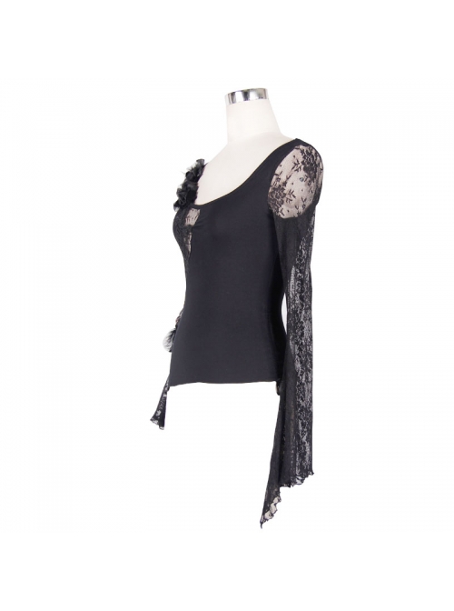 Front Chest Rose Decoration Flare Sleeve Irregular Lace Hem Black Gothic Knit T-Shirt