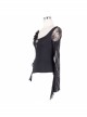 Front Chest Rose Decoration Flare Sleeve Irregular Lace Hem Black Gothic Knit T-Shirt