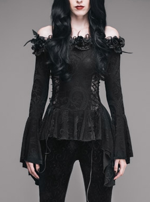 One-Word Shoulder Rose Decoration Collar Waist Side Splice Lace Lace-Up Flare Sleeve Black Gothic Knit T-Shirt