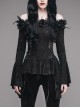 One-Word Shoulder Rose Decoration Collar Waist Side Splice Lace Lace-Up Flare Sleeve Black Gothic Knit T-Shirt