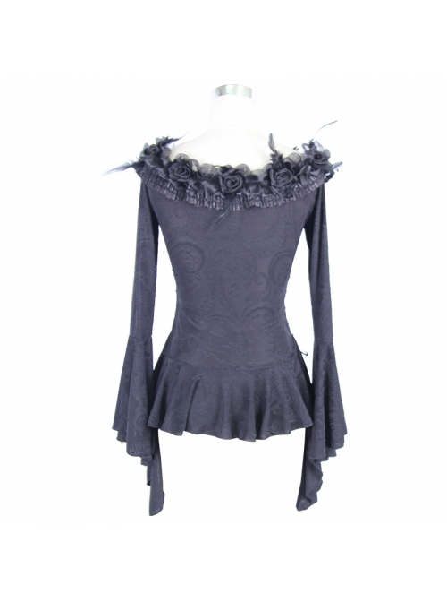 One-Word Shoulder Rose Decoration Collar Waist Side Splice Lace Lace-Up Flare Sleeve Black Gothic Knit T-Shirt