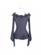 One-Word Shoulder Rose Decoration Collar Waist Side Splice Lace Lace-Up Flare Sleeve Black Gothic Knit T-Shirt