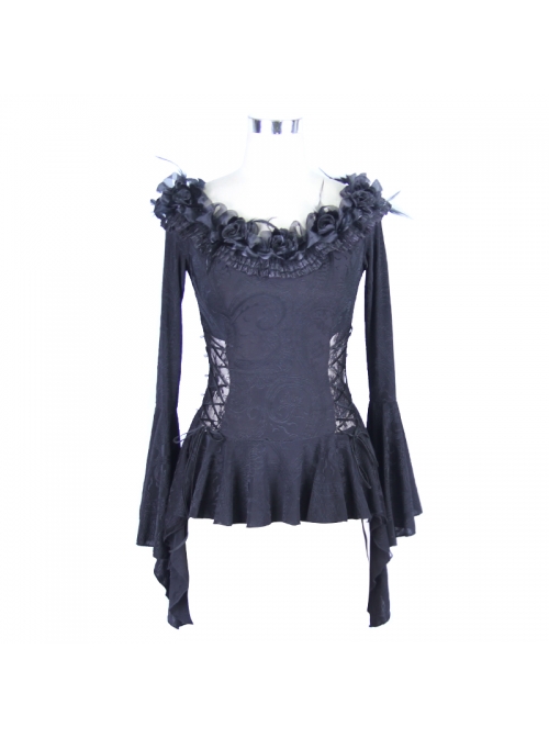 One-Word Shoulder Rose Decoration Collar Waist Side Splice Lace Lace-Up Flare Sleeve Black Gothic Knit T-Shirt