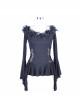 One-Word Shoulder Rose Decoration Collar Waist Side Splice Lace Lace-Up Flare Sleeve Black Gothic Knit T-Shirt