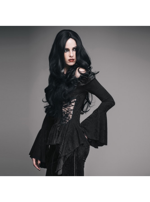 One-Word Shoulder Rose Decoration Collar Waist Side Splice Lace Lace-Up Flare Sleeve Black Gothic Knit T-Shirt
