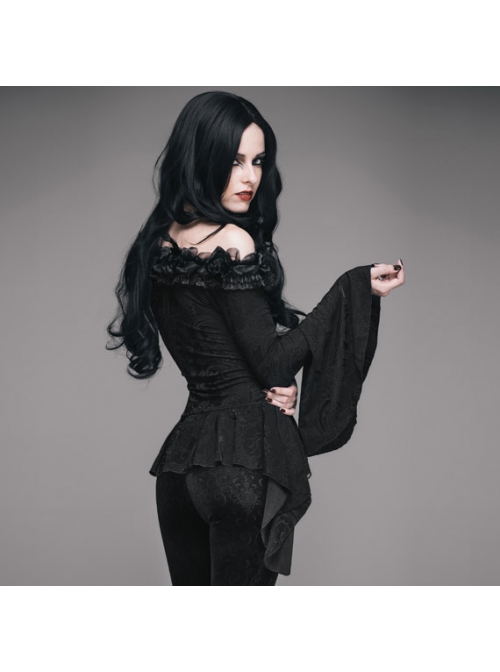 One-Word Shoulder Rose Decoration Collar Waist Side Splice Lace Lace-Up Flare Sleeve Black Gothic Knit T-Shirt